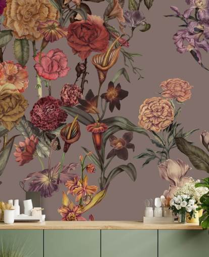 custom large floral wallpaper mural called Large Garden Blooms Mocha by Karina Eibatova
