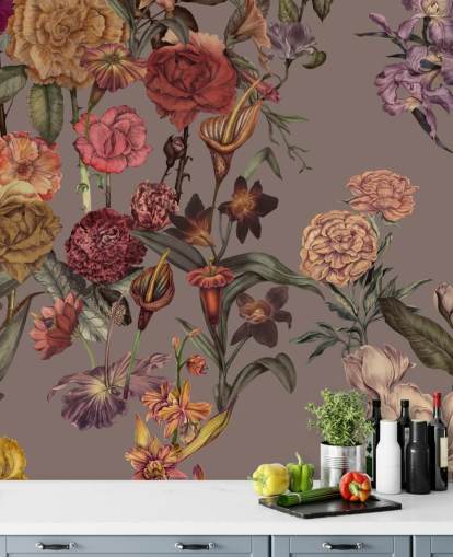 op maat gemaakte grote bloemenbehangmuurschildering genaamd Large Garden Blooms Mocha van Karina Eibatova