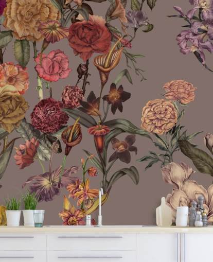 mural de papel de parede floral grande personalizado chamado Large Garden Blooms Mocha de Karina Eibatova