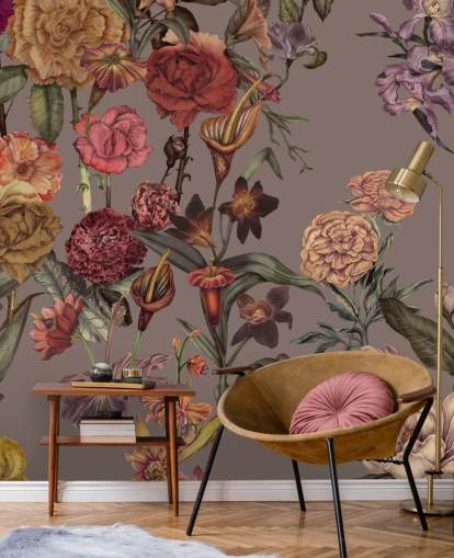 brugerdefineret stort blomstertapet vægmaleri kaldet Large Garden Blooms Mocha af Karina Eibatova