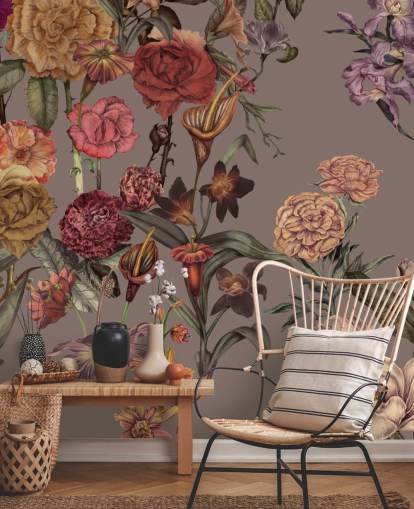 custom large floral wallpaper mural called Large Garden Blooms Mocha by Karina Eibatova