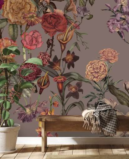 kundenspezifisches großes Blumentapetenwandbild namens Large Garden Blooms Mocha von Karina Eibatova