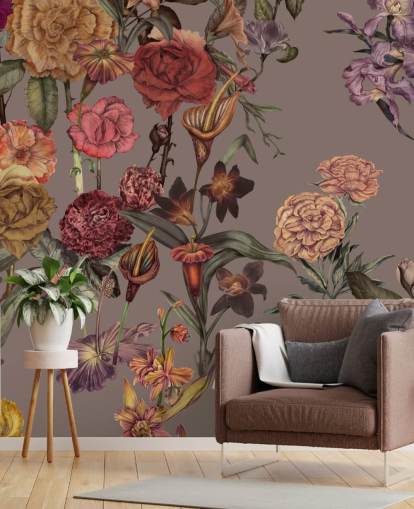 op maat gemaakte grote bloemenbehangmuurschildering genaamd Large Garden Blooms Mocha van Karina Eibatova op maat gemaakte grote bloemenbehangmuurschildering genaamd Large Garden Blooms Mocha van Karina Eibatova