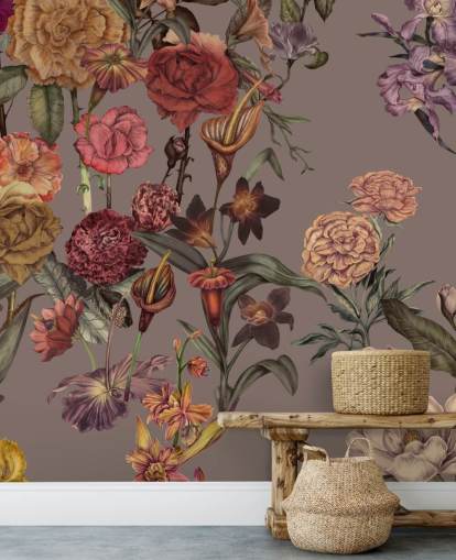 custom large floral wallpaper mural called Large Garden Blooms Mocha by Karina Eibatova