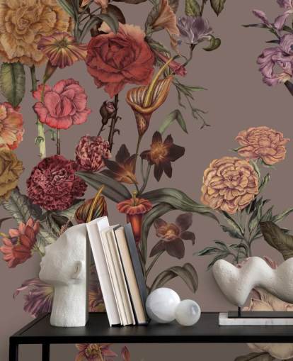 mural de papel pintado floral grande personalizado llamado Large Garden Blooms Mocha de Karina Eibatova mural de papel pintado floral grande personalizado llamado Large Garden Blooms Mocha de Karina Eibatova