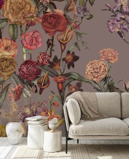 mural de papel pintado floral grande personalizado llamado Large Garden Blooms Mocha de Karina Eibatova