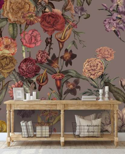 mural de papel de parede floral grande personalizado chamado Large Garden Blooms Mocha de Karina Eibatova mural de papel de parede floral grande personalizado chamado Large Garden Blooms Mocha de Karina Eibatova