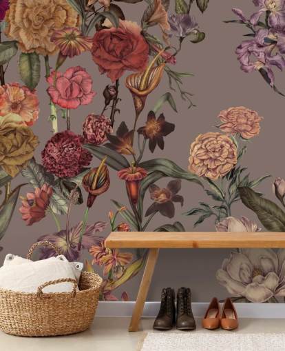 anpassad stor blommig tapetväggmålning kallad Large Garden Blooms Mocha av Karina Eibatova