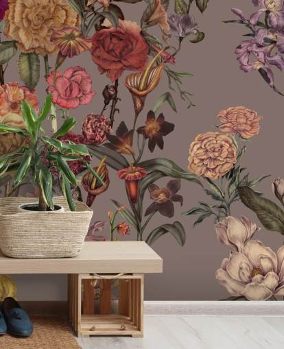 kundenspezifisches großes Blumentapetenwandbild namens Large Garden Blooms Mocha von Karina Eibatova