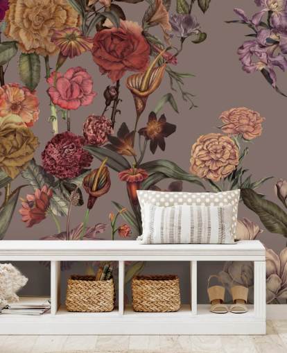 grand papier peint floral personnalisé appelé Large Garden Blooms Mocha par Karina Eibatova