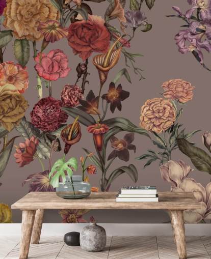 grand papier peint floral personnalisé appelé Large Garden Blooms Mocha par Karina Eibatova