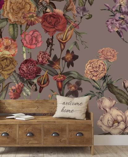 anpassad stor blommig tapetväggmålning kallad Large Garden Blooms Mocha av Karina Eibatova