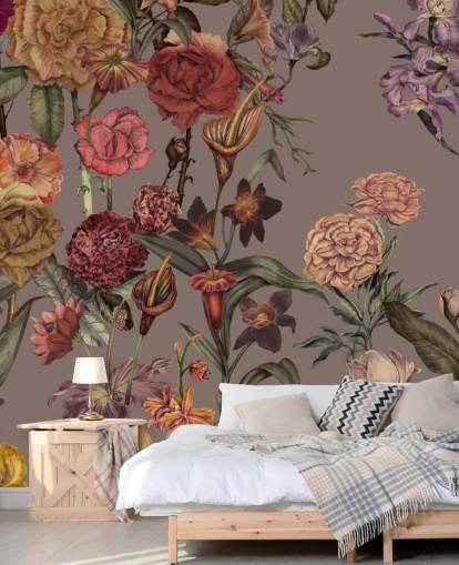 custom large floral wallpaper mural called Large Garden Blooms Mocha by Karina Eibatova