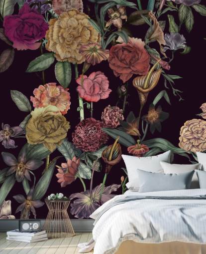 paarse bloemenbehangmuurschildering op maat genaamd Large Garden Blooms Violet van Karina Eibatova paarse bloemenbehangmuurschildering op maat genaamd Large Garden Blooms Violet van Karina Eibatova