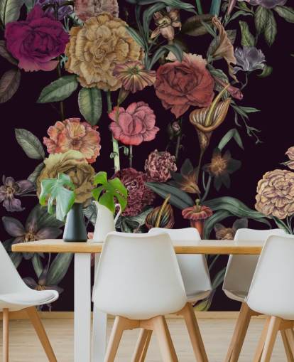 violett anpassad blommig tapetväggmålning kallad Large Garden Blooms Violet av Karina Eibatova