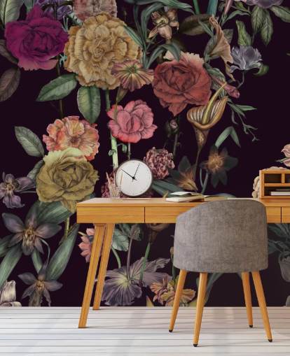 paarse bloemenbehangmuurschildering op maat genaamd Large Garden Blooms Violet van Karina Eibatova paarse bloemenbehangmuurschildering op maat genaamd Large Garden Blooms Violet van Karina Eibatova