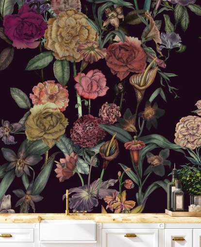 paarse bloemenbehangmuurschildering op maat genaamd Large Garden Blooms Violet van Karina Eibatova