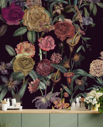 fiolett tilpasset blomstertapet veggmaleri kalt Large Garden Blooms Violet av Karina Eibatova