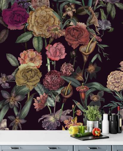fiolett tilpasset blomstertapet veggmaleri kalt Large Garden Blooms Violet av Karina Eibatova
