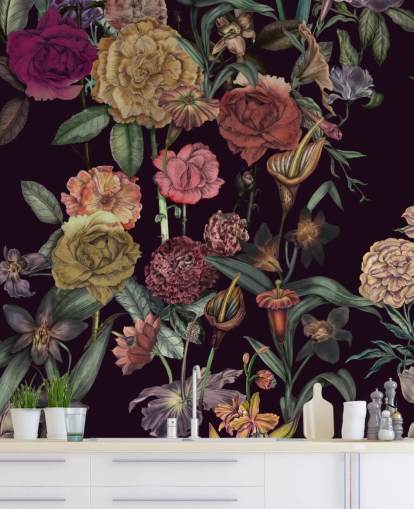 paarse bloemenbehangmuurschildering op maat genaamd Large Garden Blooms Violet van Karina Eibatova paarse bloemenbehangmuurschildering op maat genaamd Large Garden Blooms Violet van Karina Eibatova