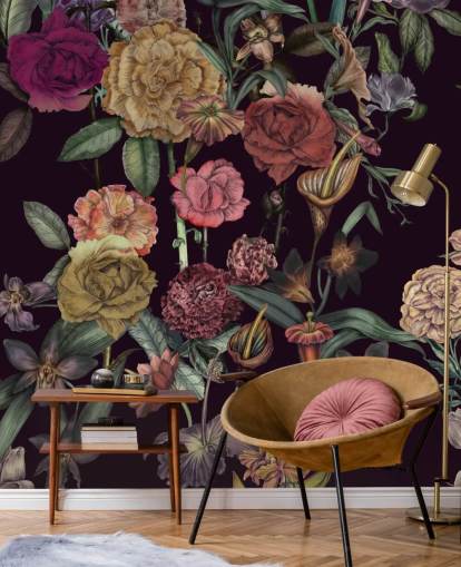 violett anpassad blommig tapetväggmålning kallad Large Garden Blooms Violet av Karina Eibatova