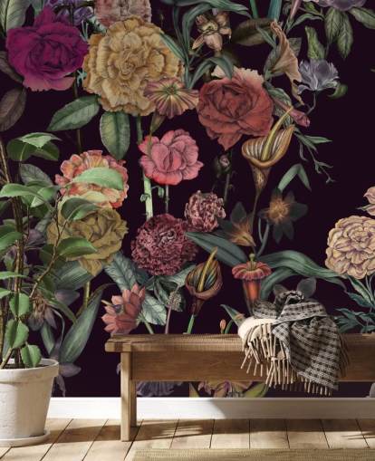 mural de papel de parede floral personalizado violeta chamado Large Garden Blooms Violet de Karina Eibatova