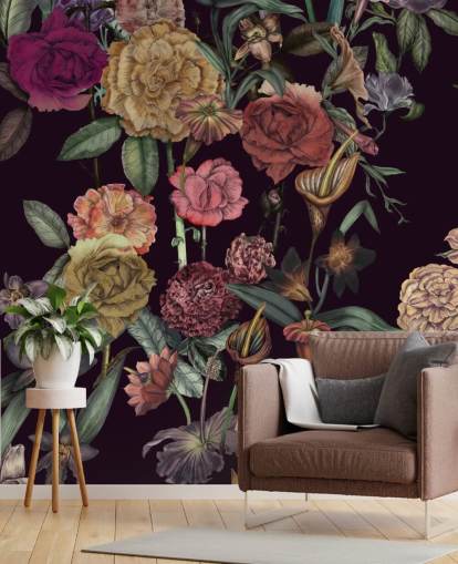 paarse bloemenbehangmuurschildering op maat genaamd Large Garden Blooms Violet van Karina Eibatova