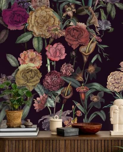 paarse bloemenbehangmuurschildering op maat genaamd Large Garden Blooms Violet van Karina Eibatova