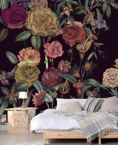 violet custom floral wallpaper mural called Large Garden Blooms Violet by Karina Eibatova