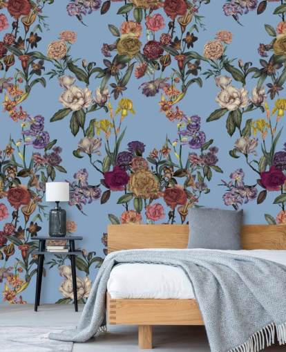 blå tilpassbar blomsterveggmaleri kalt Blue Flower Garden av Karina Eibatova for soverom