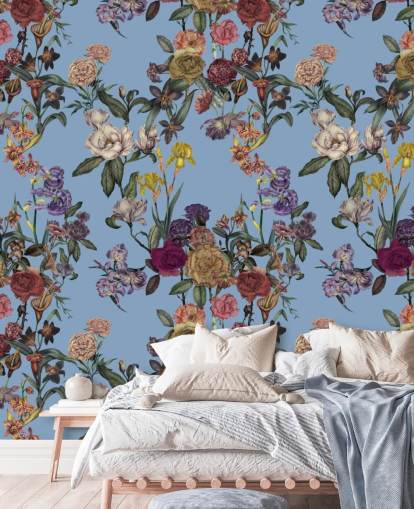 blue customisable floral wall mural called Blue Flower Garden by Karina Eibatova for bedrooms