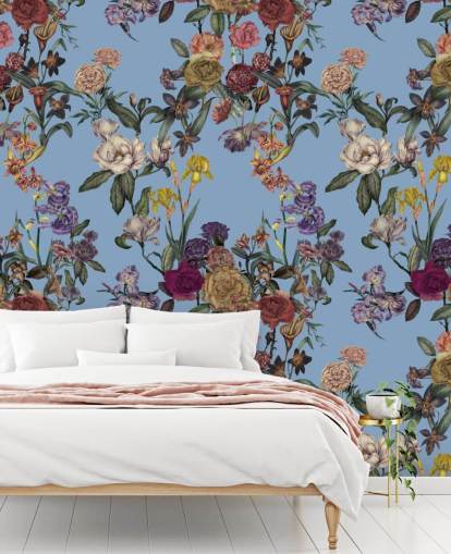 mural de pared floral personalizable azul llamado Blue Flower Garden de Karina Eibatova para dormitorios