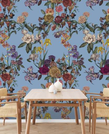 blaues personalisierbares Blumenwandbild namens Blue Flower Garden von Karina Eibatova für Schlafzimmer