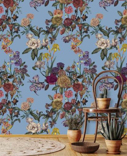 blaues personalisierbares Blumenwandbild namens Blue Flower Garden von Karina Eibatova für Schlafzimmer