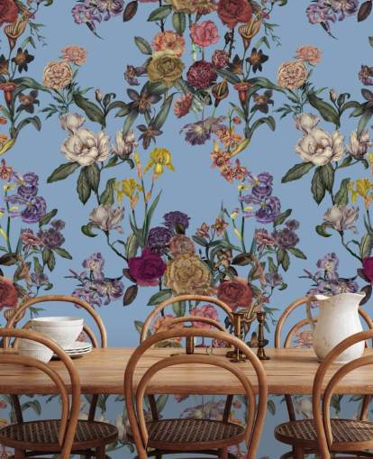 blue customizable floral wall mural called Blue Flower Garden by Karina Eibatova for bedrooms