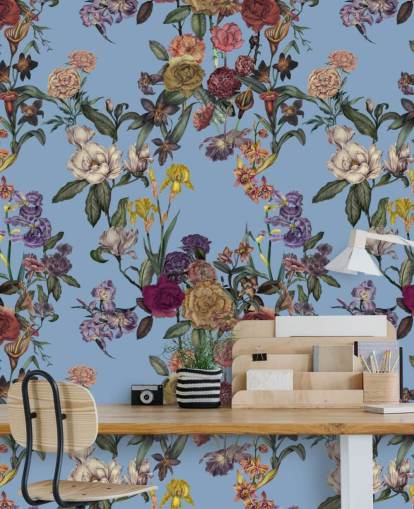 mural de pared floral personalizable azul llamado Blue Flower Garden de Karina Eibatova para dormitorios