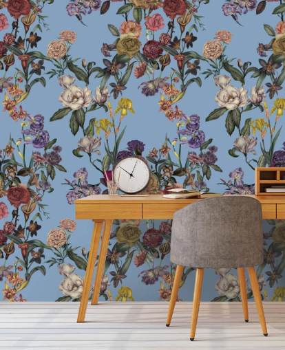 mural de pared floral personalizable azul llamado Blue Flower Garden de Karina Eibatova para dormitorios