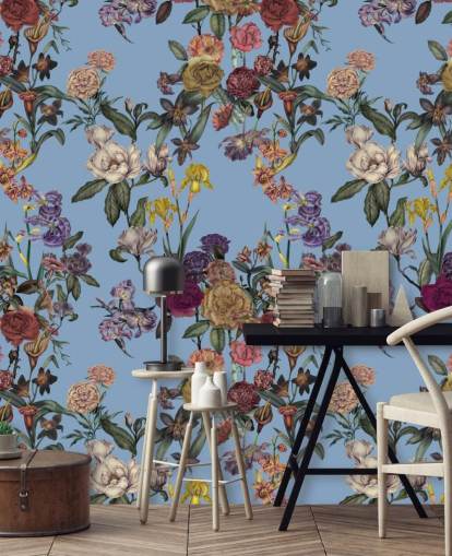 mural de pared floral personalizable azul llamado Blue Flower Garden de Karina Eibatova para dormitorios mural de pared floral personalizable azul llamado Blue Flower Garden de Karina Eibatova para dormitorios