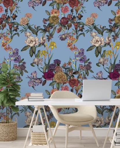 blå tilpassbar blomsterveggmaleri kalt Blue Flower Garden av Karina Eibatova for soverom blå tilpassbar blomsterveggmaleri kalt Blue Flower Garden av Karina Eibatova for soverom