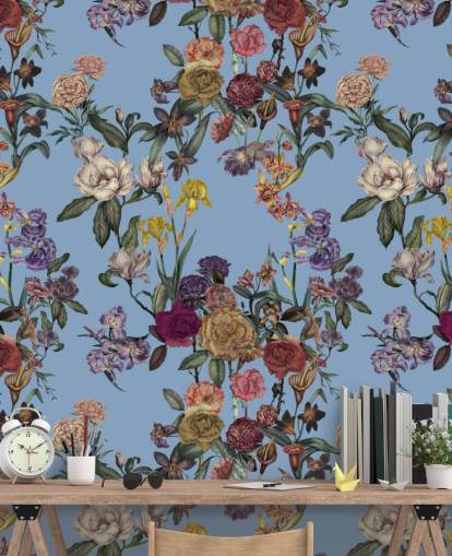 blue customisable floral wall mural called Blue Flower Garden by Karina Eibatova for bedrooms