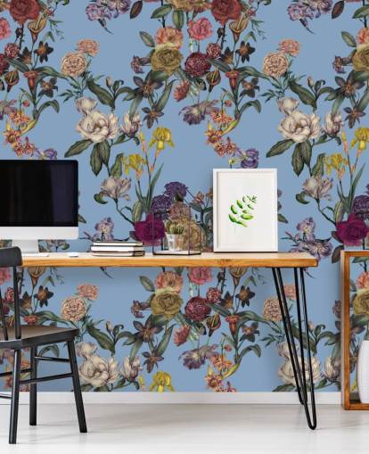 mural de pared floral personalizable azul llamado Blue Flower Garden de Karina Eibatova para dormitorios