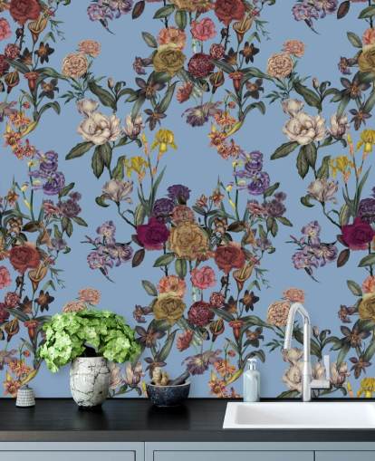 mural de parede floral personalizável azul chamado Blue Flower Garden de Karina Eibatova para quartos