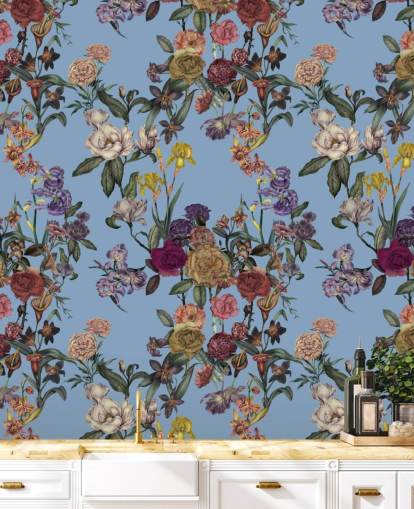 mural de pared floral personalizable azul llamado Blue Flower Garden de Karina Eibatova para dormitorios