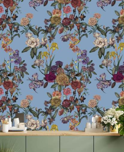 blå tilpassbar blomsterveggmaleri kalt Blue Flower Garden av Karina Eibatova for soverom