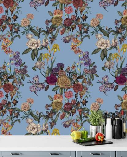 blue customisable floral wall mural called Blue Flower Garden by Karina Eibatova for bedrooms