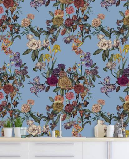 blue customisable floral wall mural called Blue Flower Garden by Karina Eibatova for bedrooms