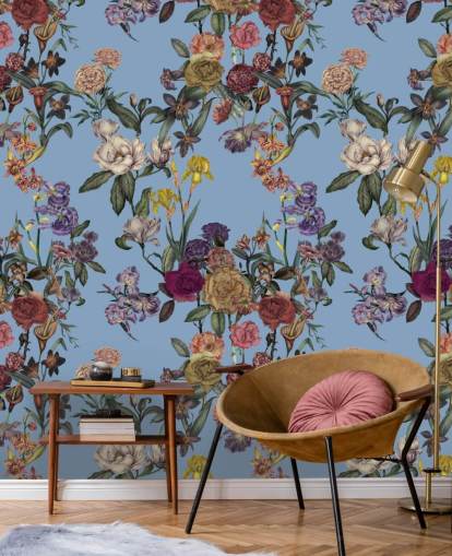 blue customisable floral wall mural called Blue Flower Garden by Karina Eibatova for bedrooms