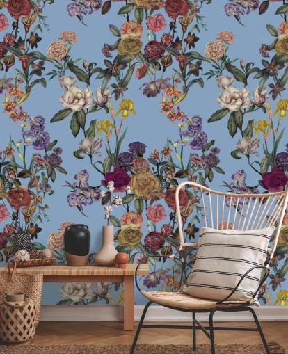 mural de pared floral personalizable azul llamado Blue Flower Garden de Karina Eibatova para dormitorios