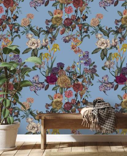 blue customisable floral wall mural called Blue Flower Garden by Karina Eibatova for bedrooms