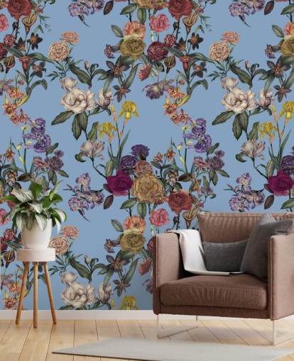 mural de parede floral personalizável azul chamado Blue Flower Garden de Karina Eibatova para quartos